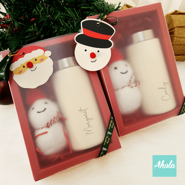 【Snowman Fantasy】Engraved Mini Stainless Steel Bottle + Snowman Bag Charm Gift Set 刻名不鏽鋼迷你保冷/保温樽+雪人掛飾