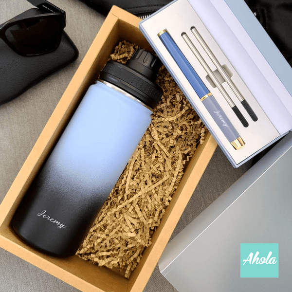 【Blue】Engraved Gradient Stainless Steel Tumbler + Rollerball Pen & Refill Set 刻字漸變色不鏽鋼水樽+走珠筆禮品套裝