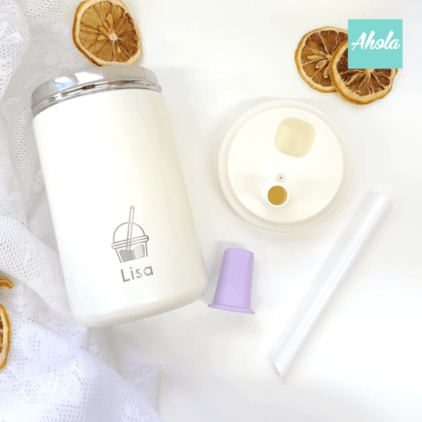 【Bubble Tea】Engraved Name Stainless Steel Bottle With Straw 刻名不鏽鋼吸管水樽