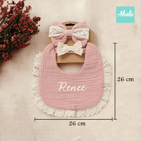 【Babe】Embroidered Cotton Baby Bib + Headbands Set 刺繡純綿口水肩+頭帶套裝