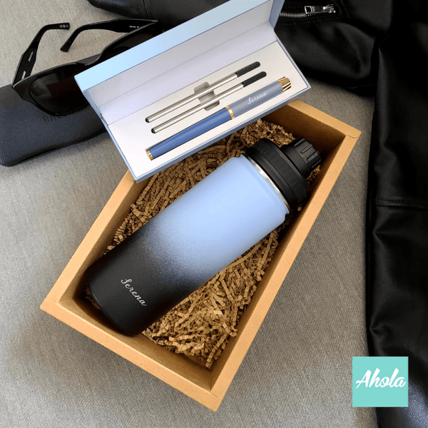 【Blue】Engraved Gradient Stainless Steel Tumbler + Rollerball Pen & Refill Set 刻字漸變色不鏽鋼水樽+走珠筆禮品套裝