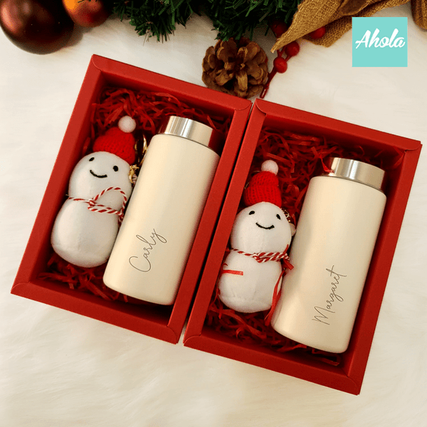 【Snowman Fantasy】Engraved Mini Stainless Steel Bottle + Snowman Bag Charm Gift Set 刻名不鏽鋼迷你保冷/保温樽+雪人掛飾