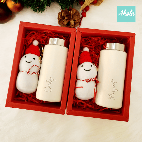 【Snowman Fantasy】Engraved Mini Stainless Steel Bottle + Snowman Bag Charm Gift Set 刻名不鏽鋼迷你保冷/保温樽+雪人掛飾