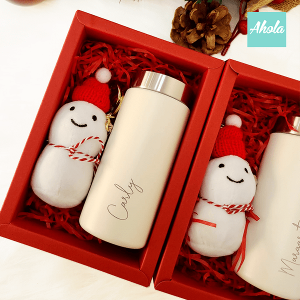 【Snowman Fantasy】Engraved Mini Stainless Steel Bottle + Snowman Bag Charm Gift Set 刻名不鏽鋼迷你保冷/保温樽+雪人掛飾