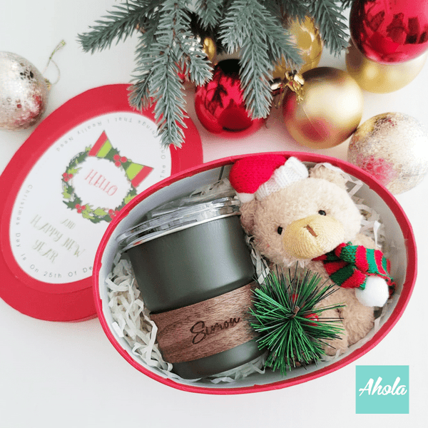 【Joyful】Mini Tumbler with Lid and Straw+Christmas bear & decoration Gift Set 迷你刻名木杯環不鏽鋼樽+聖誕熊和裝飾禮盒套裝