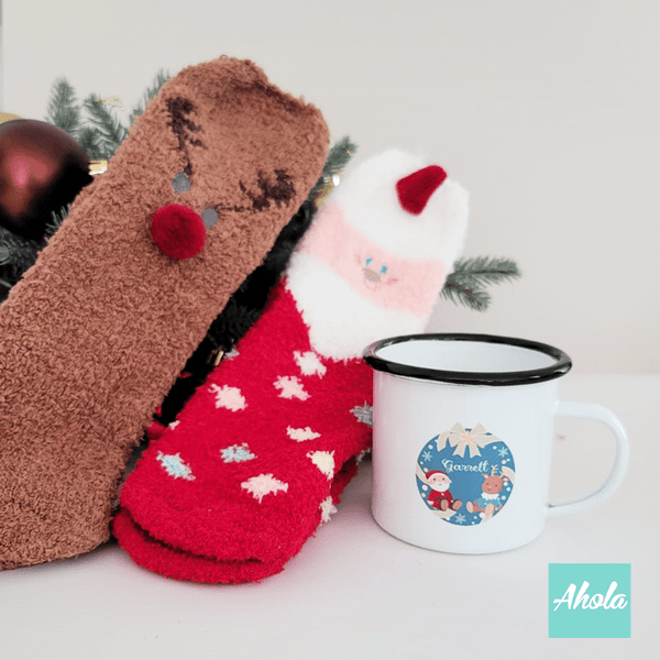 【Santa Deer】Name Enamel mug + Christmas sock Gift Set 搪瓷杯聖誕襪禮品套裝