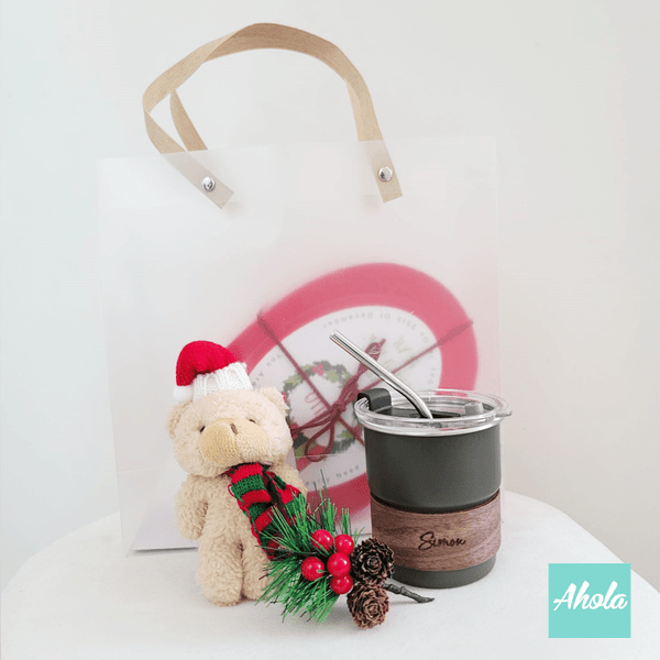 【Joyful】Mini Tumbler with Lid and Straw+Christmas bear & decoration Gift Set 迷你刻名木杯環不鏽鋼樽+聖誕熊和裝飾禮盒套裝