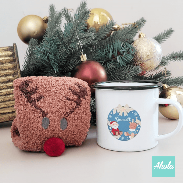 【Santa Deer】Name Enamel mug + Christmas sock Gift Set 搪瓷杯聖誕襪禮品套裝