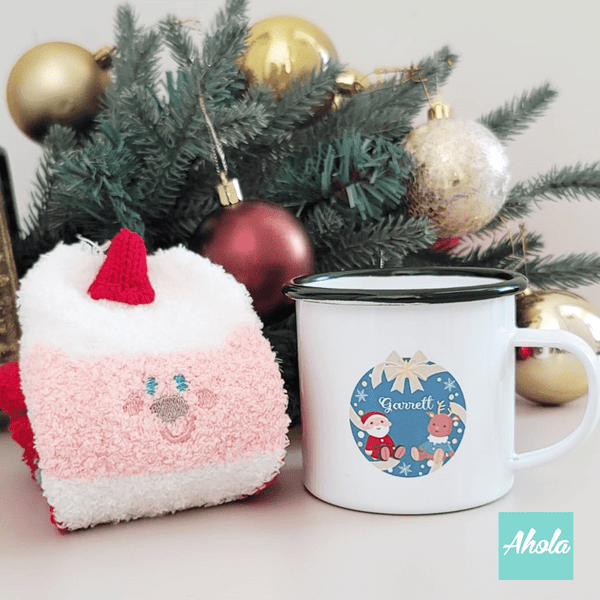 【Santa Deer】Name Enamel mug + Christmas sock Gift Set 搪瓷杯聖誕襪禮品套裝