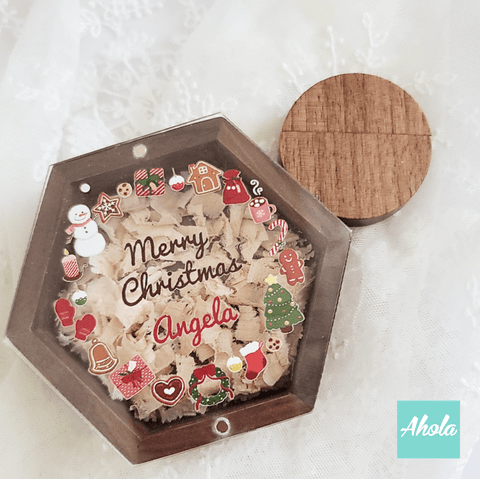 【Christmas Wreath】Laser Engraved Acrylic lid Hexagon Wooden Box + USB drive 聖誕花環木盒USB手指