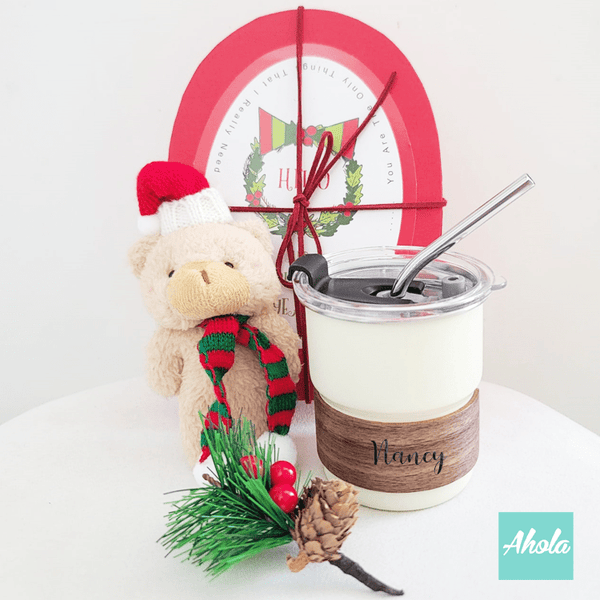 【Joyful】Mini Tumbler with Lid and Straw+Christmas bear & decoration Gift Set 迷你刻名木杯環不鏽鋼樽+聖誕熊和裝飾禮盒套裝