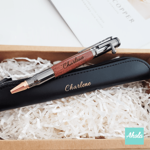 【Zak】Engraved Bolt Action Pen with PU Leather Pencil Case Gift Set 刻字金屬木製原子筆+PU皮革筆袋禮品套裝