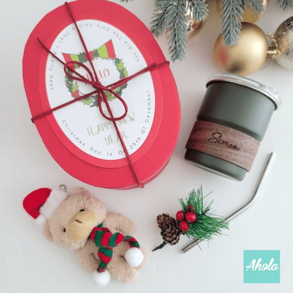 【Joyful】Mini Tumbler with Lid and Straw+Christmas bear & decoration Gift Set 迷你刻名木杯環不鏽鋼樽+聖誕熊和裝飾禮盒套裝