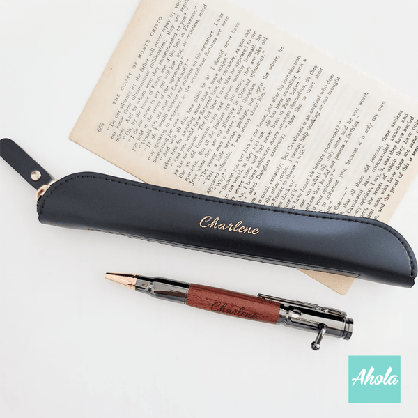 【Zak】Engraved Bolt Action Pen with PU Leather Pencil Case Gift Set 刻字金屬木製原子筆+PU皮革筆袋禮品套裝