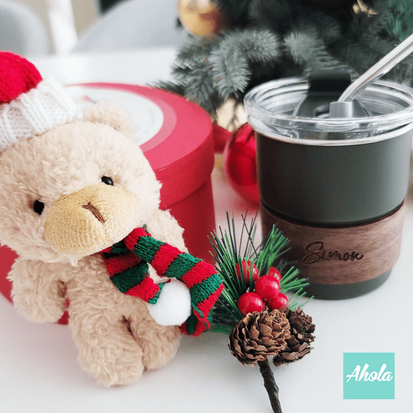 【Joyful】Mini Tumbler with Lid and Straw+Christmas bear & decoration Gift Set 迷你刻名木杯環不鏽鋼樽+聖誕熊和裝飾禮盒套裝