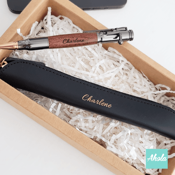 【Zak】Engraved Bolt Action Pen with PU Leather Pencil Case Gift Set 刻字金屬木製原子筆+PU皮革筆袋禮品套裝