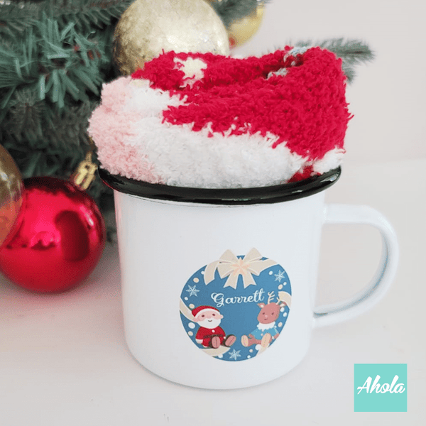 【Santa Deer】Name Enamel mug + Christmas sock Gift Set 搪瓷杯聖誕襪禮品套裝