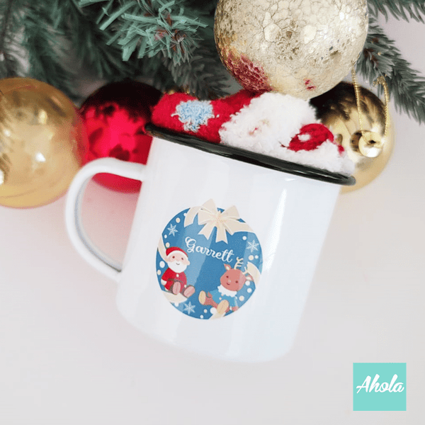 【Santa Deer】Name Enamel mug + Christmas sock Gift Set 搪瓷杯聖誕襪禮品套裝